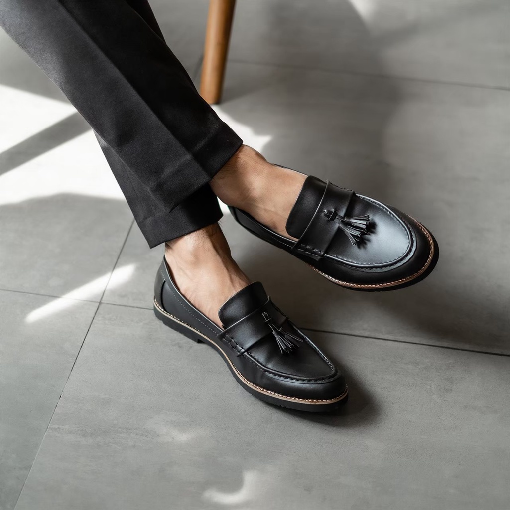 Sepatu Loafers Pria Casual Slip On Panny Loafers Loafer Pria Cowok Kulit Formal Kasual Original - Hagen Black