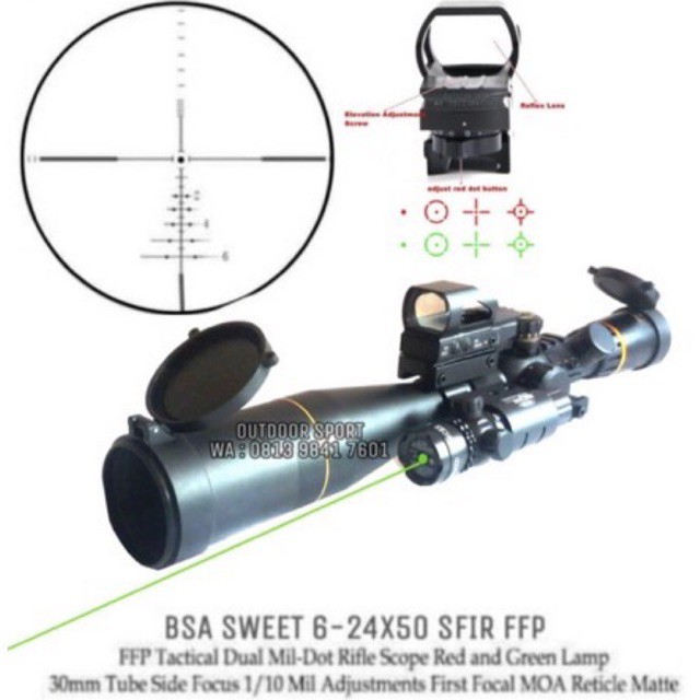 Telescope BSA 6-24x50 SFIR FFP + Holosight 4 Reticle dot + Green Laser
