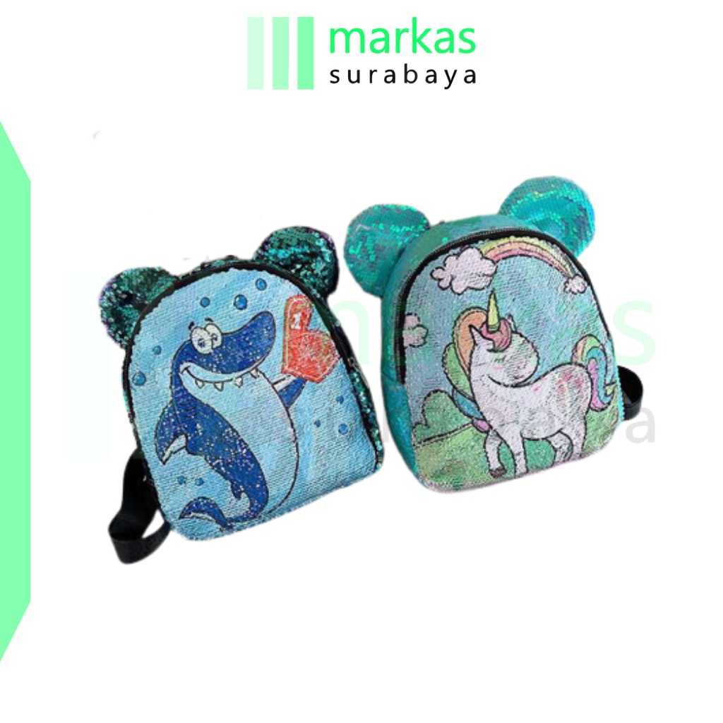 MARKAS MS1400 Tas Ransel Anak Sequin Glitter Karakter Unicorn Telinga Beruang