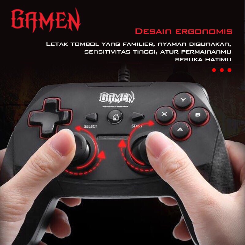 GAMEN GP100 Universal Wired Gaming Controller Gamepad with Dual Vibration Motors Black-Garansi 1 Th