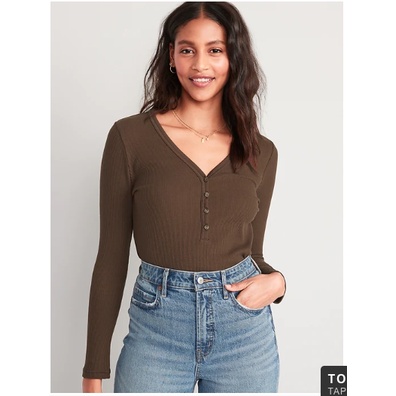 Old Navy Fitted Long Sleeve Rib Knit Henley Top For Women | Pakaian Lengan Panjang Wanita