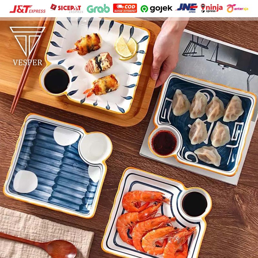 ceramic dumpling plate / piring makan kecil keramik 2in1 tempat bumbu saus kecap snack dimsum sushi