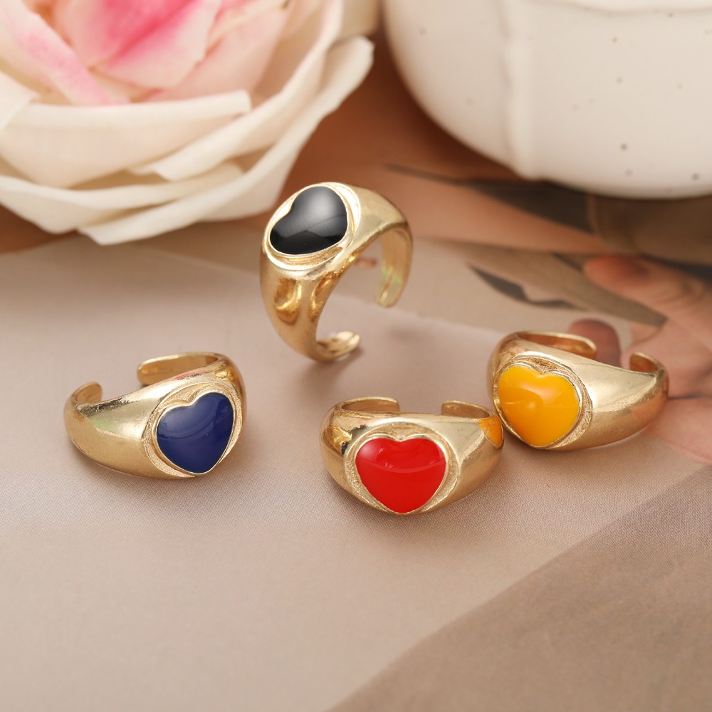 Cincin Bentuk Hati Bunga Geometris Warna-Warni Gaya Retro Untuk Wanita