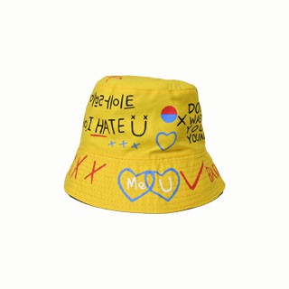 Topi Bucket Hat Korea Motif Graffiti Kuning
