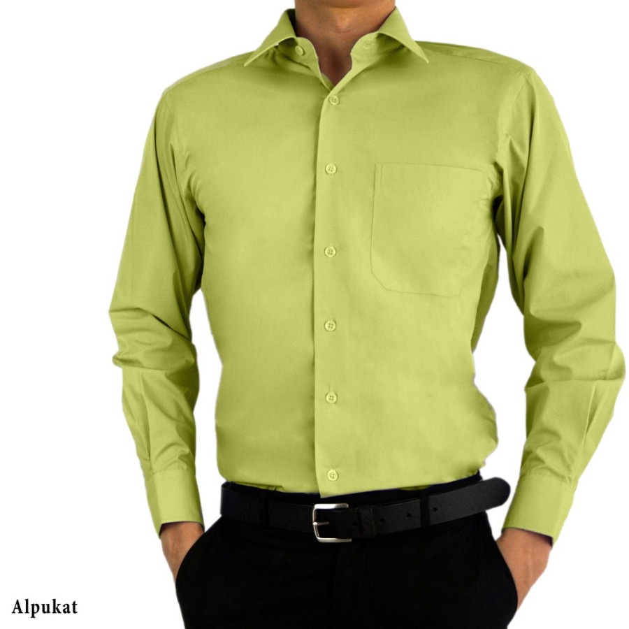 Kemeja Formal Pria Lengan Panjang Warna Hijau Alpukat Polos Bahan Kain Katun Reguler