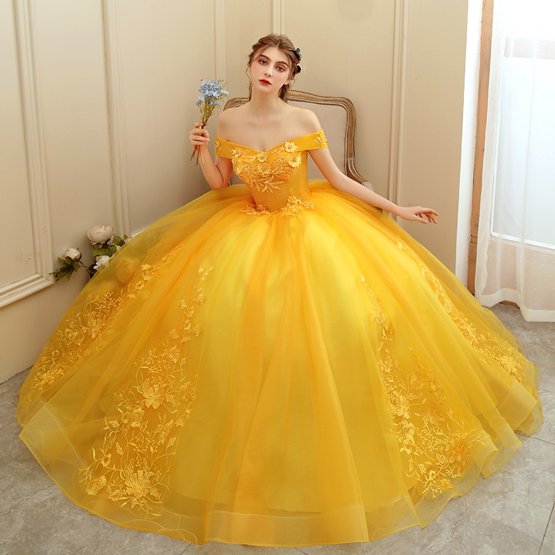 Gaun Pengantin Pesta 2007004 Kuning Emas Gold Sabrina Wedding Party Dress Gown