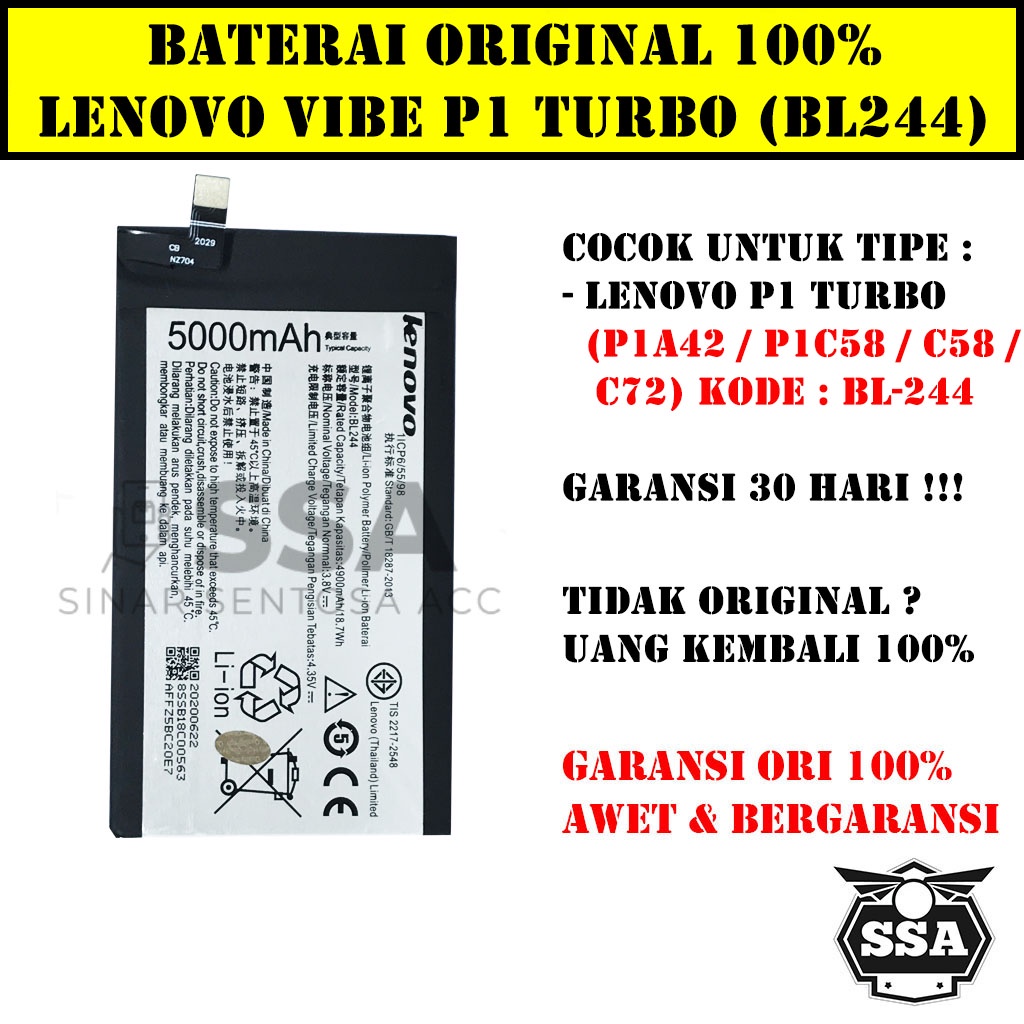 Baterai Original 100% Lenovo BL244 Vibe P1 Turbo P1A42 P1C72 P1C58 C58 C72 BL 244 Batre Batrai HP