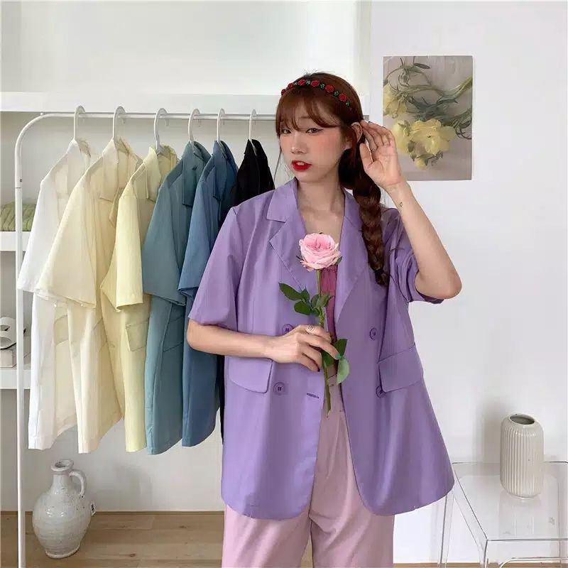 Blazer Lengan Pendek Model Longgar Warna Solid Gaya Korea Untuk Wanita