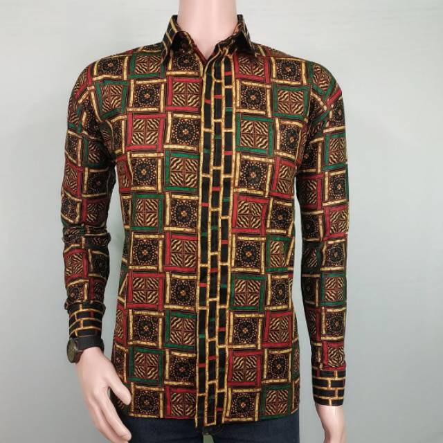 Kemeja batik lengan panjang motif anyam bambu bahan katun halus