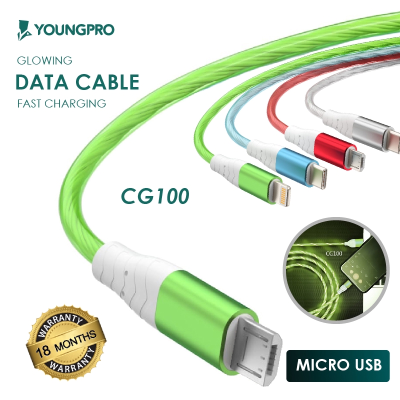 YOUNGPRO CG100 Kabel TYPE C LIGHTING MICRO USB Glowing Flowing Fast Charging QC3.0 Fast Transfer Dat