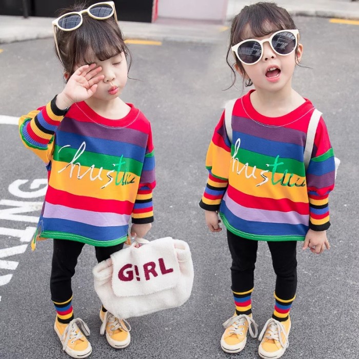TERMUR@H Baju Setelan Anak Perempuan Lengan Panjang Rainbow Pelangi Import - S