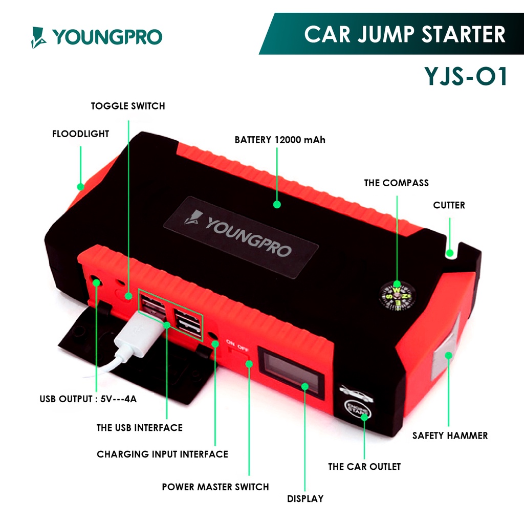 BERGARANSI!! YOUNGPRO  Multifunction Car Jump Starter Real 12000mAh Car Jumper YJS01