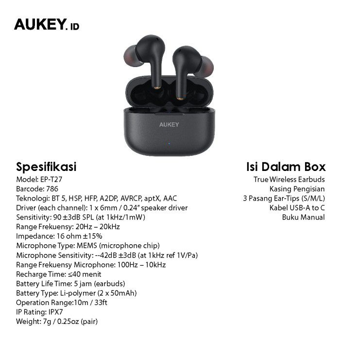 Aukey Earphone Bluetooth TWS - Deep Bass With cVc Noise Reduction &amp; APTX - 500786 - EP-T27