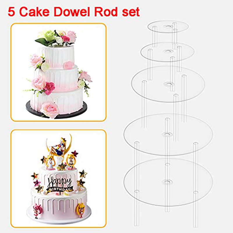 Cake Plate,5 Cake Stand, Cake Base (9/12/16/20/20 cm) with 15 Dowel Rods, Reusable for Tiered Stacked Cakes, for Wedding