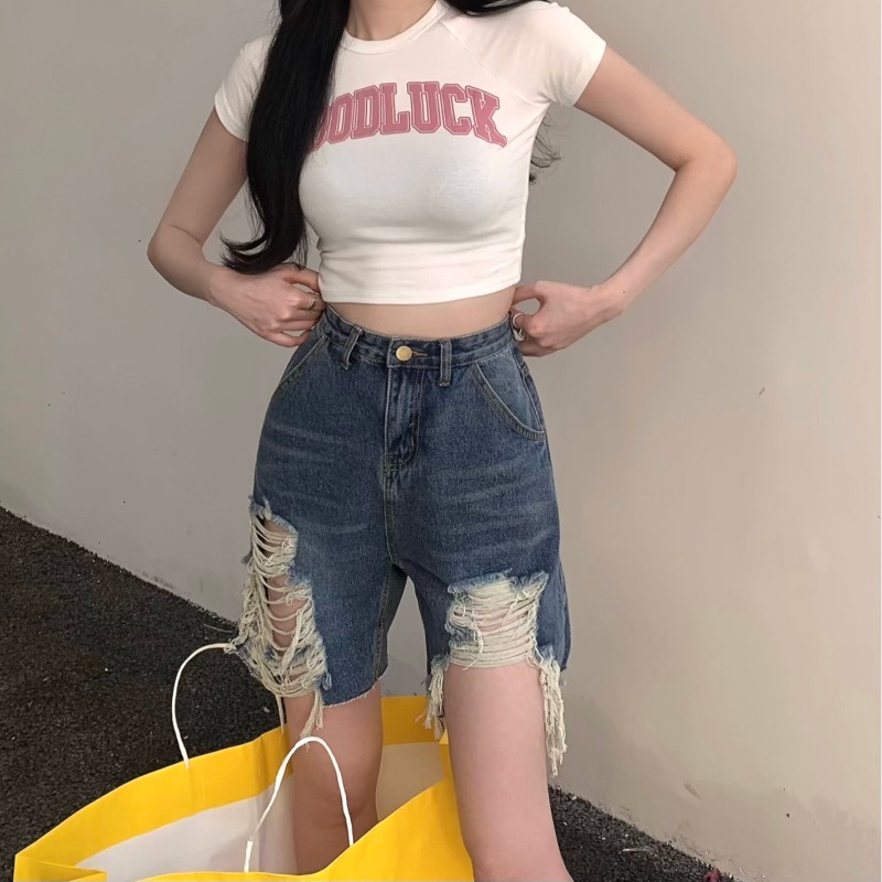 Suhao Pinggang Tinggi Baku Berrumbai Celana Pendek Denim Wanita Musim Panas Dicuci Hot Celana Robek