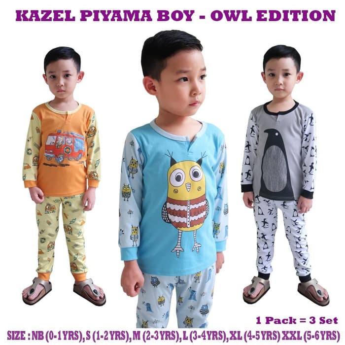 3setel Kazel Owl Piyama Boy Setelan Baju Tidur Bayi Anak Laki 0-5Thn