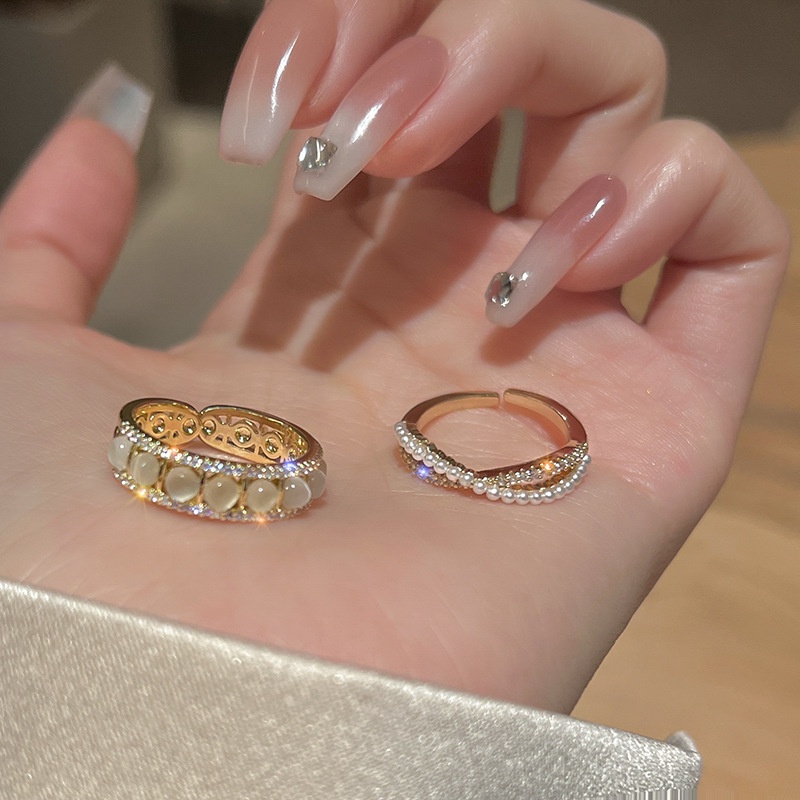 Cincin Jari Telunjuk Model Terbuka Hias Opal Mutiara Untuk Wanita