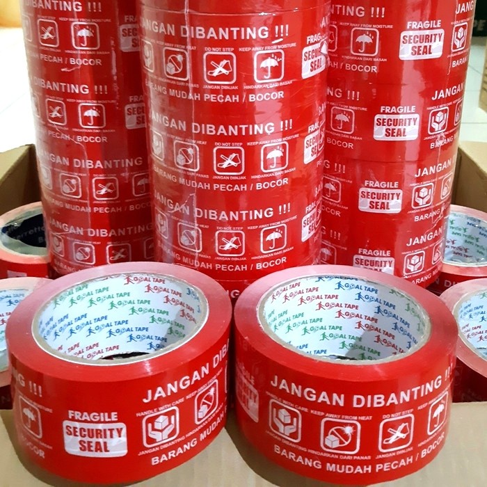 

perekat-pengikat- lakban fragile merah 2"(48mm × 90y full) super murah panjang tebal -pengikat-