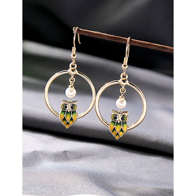 LRC Anting Gantung Fashion Golden Hollow Pearl Round Owl Stud Earrings D63211