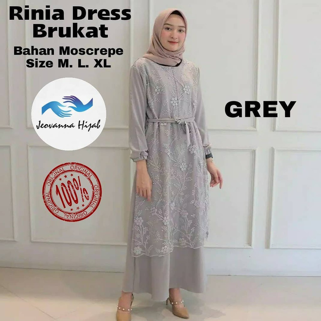 RINIA Pakaian Wanita Baju Gamis Terbaru Ukuran Jumbo Bahan Moscrepe-GREY
