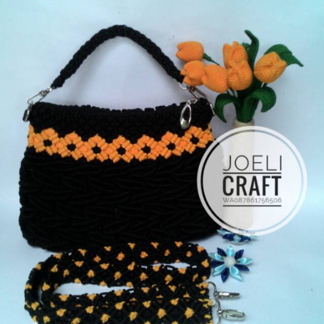 Tas makrame tali kur hitam kombinasi kuning