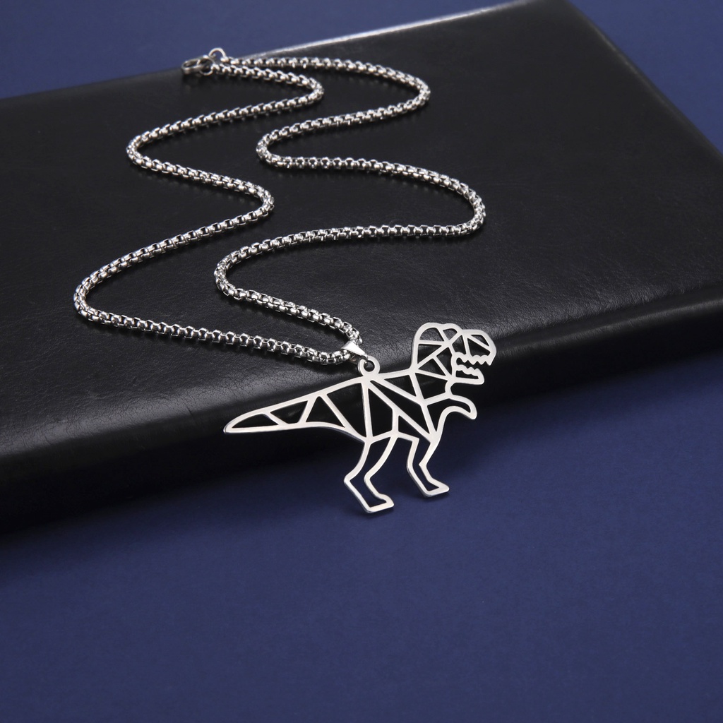 Kalung Liontin Dinosaurus Tyrannosaurus Rex Hollow Bahan Stainless Steel Gaya Hip Hop