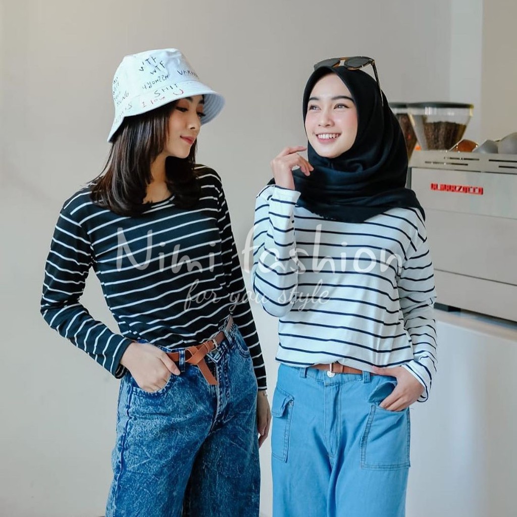 KAOS SALUR WANITA LENGAN PANJANG BAYAR DI TEMPAT (COD) / BAJU ATASAN WANITA I HITAM PUTIH I SPANDEK