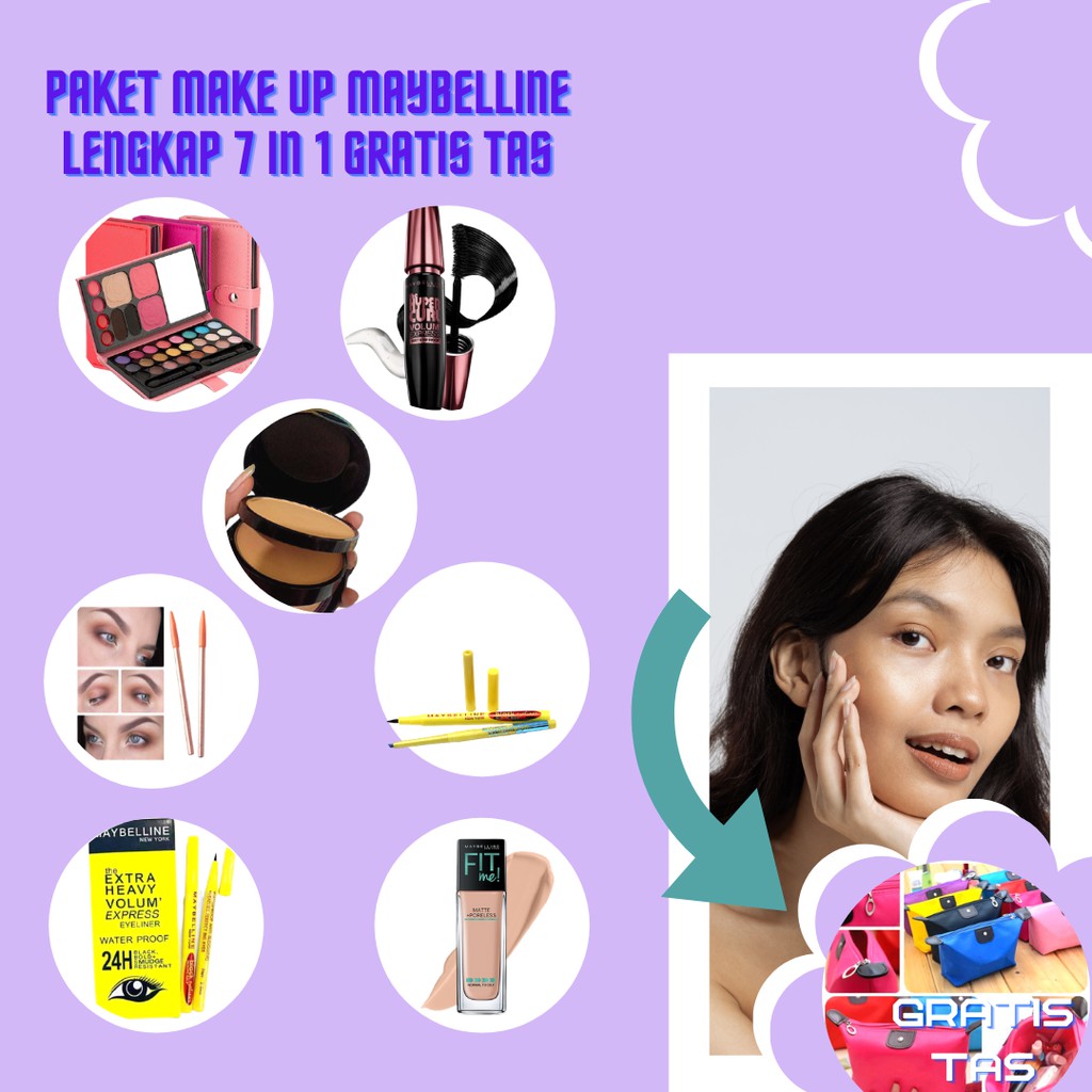 Paket Make Up Maybelline Murah dan Lengkap 7 in 1 Gratis Tas