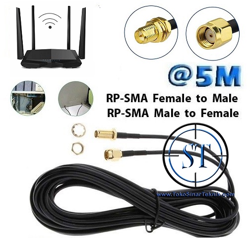 Kabel Extension Pigtail RP-SMA 5 Meter Male to Female Sambungan Perpanjangan Coaxial RF Cord Connector Cable RPSMA Antenna Wi-Fi Wireless Router Panjang 5meter