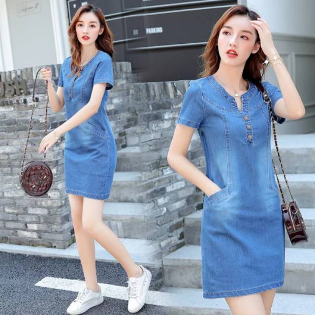 DRESS JEANS WANITA LENGAN PENDEK DENGAN 2 KANTONG