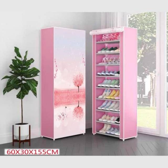 Rak Sepatu Kain Shoe Rack Lemari Sepatu Portable 10 Susun 9 Rangka Warna Pink Bunga Shopee Indonesia