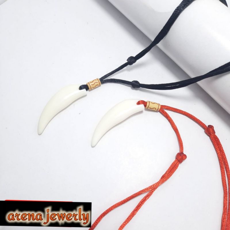 Kalung Tali Bandul Taring Putih Polos Kalung Tali Taring Pria Wanita Kalung Taring Putih