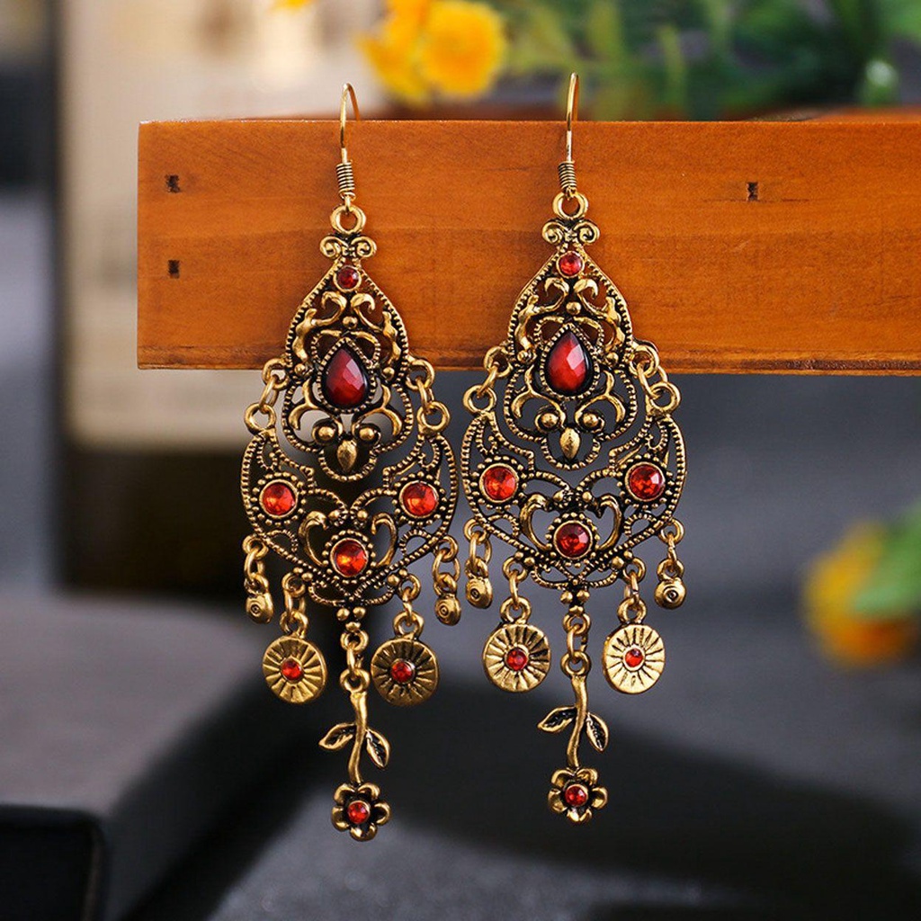 R-flower Earrings 2021hiasan India Berlian Imitasi Anting Menjuntai Panjang Vintage Alloy