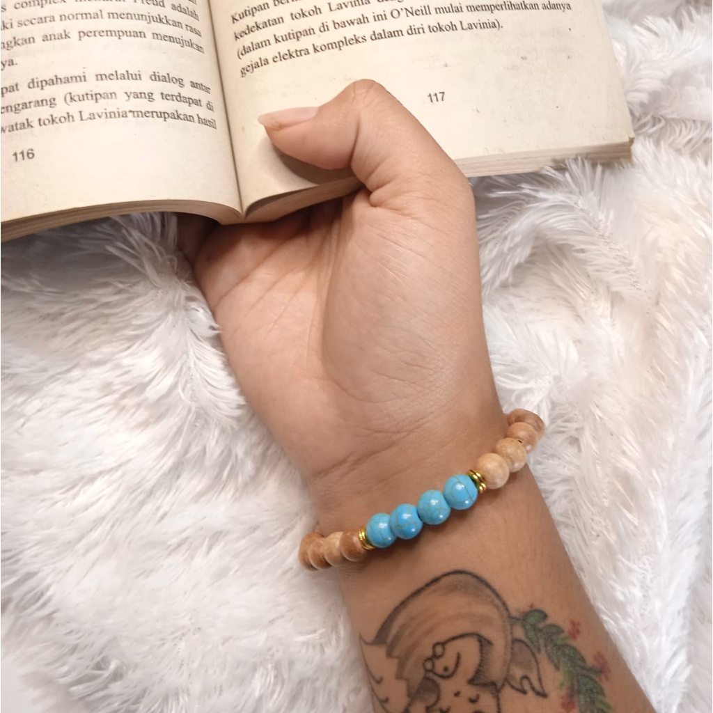 Gelang Batu Original Handmade Kayu Cendana Kombinasi Batu Alam Turquoise Biru