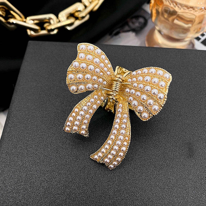 COD❤️Jepit Rambut Bentuk Pita Bahan Alloy Aksen Mutiara Dan Berlian Imitasi Untuk Wanita Kupu-kupu hairclip Pearl Butterfly Fashion Korea