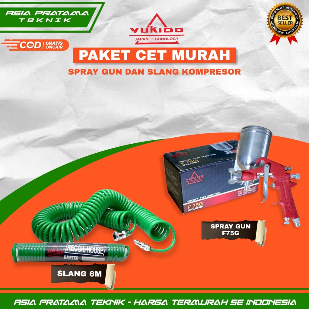 PAKET HEMAT ALAT CAT AIR BRUSH SEMPROT  Spray Gun F75G + Selang Angin YUKIDO 4,5/6/9/12 Meter - 1 Set Alat Cat Kompresor Angin