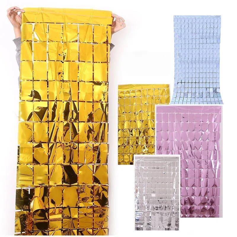 Tirai Kotak Foil Curtain Metalik GROSIR PRAKARYA MALANG Metallic Warna Warni Gold Silver Rosegold Dekorasi Berkilau Import Pesta Party Rumbai Backdrop Ulang Tahun Ultah Pernikahan Grad Birthday Wedding Ballon Hias Hiasan Dinding Dekor Decoration