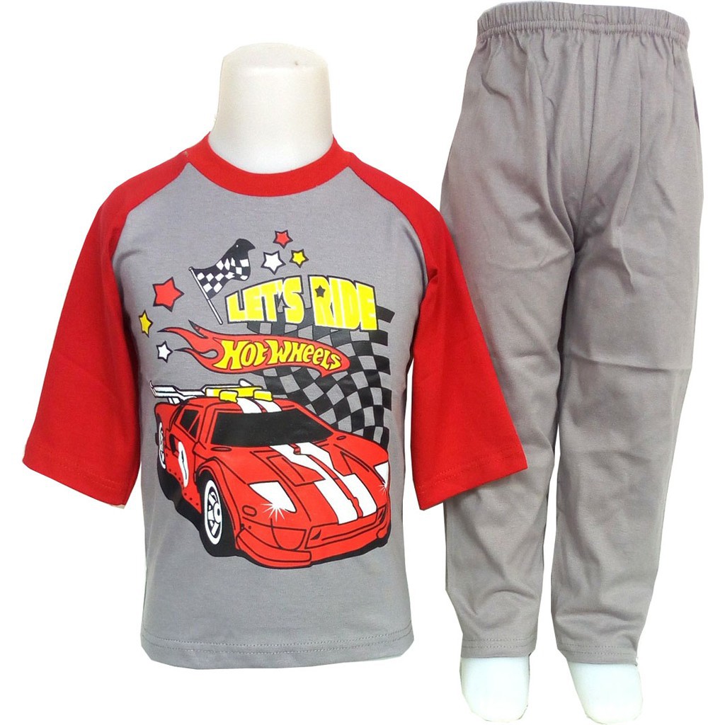 MANTROLL - Setelan Kaos dan Celana Panjang Anak Pria Motif gambar Mobil balap Abu Merah