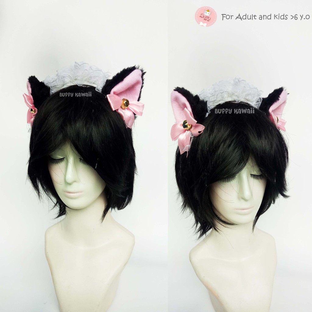 Bando neko maid renda pita lonceng cat ear lace bell buffy kawaii nekomimi fashion halloween cosplay