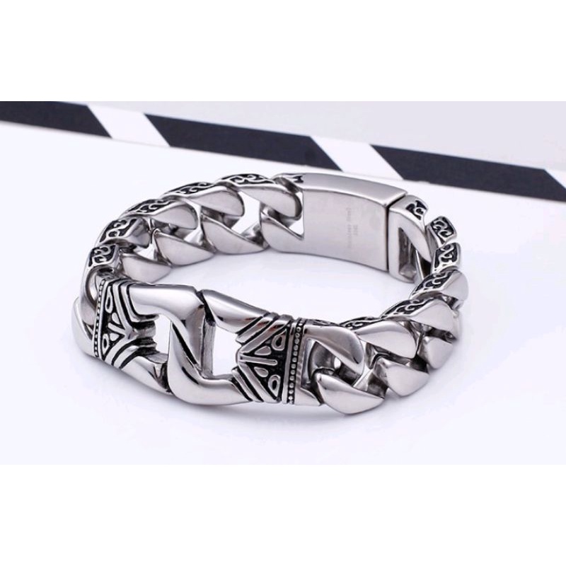 Gelang Pria Titanium Silver 316L Stainless Steel 18mm Totem Kerf Chain Bracelet