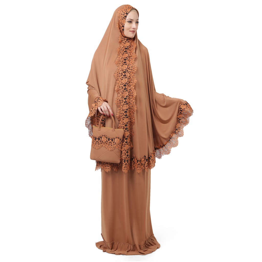 Mukena Renda Java Seven Bahan Spandex Warna Mocca Elastis Lembut