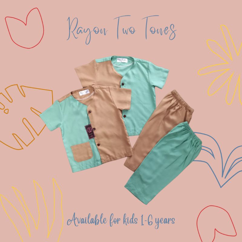 Hallo Brisha ~ Piyama anak rayon polos two tone / baju tidur anak rayon (unisex) 3 tahun