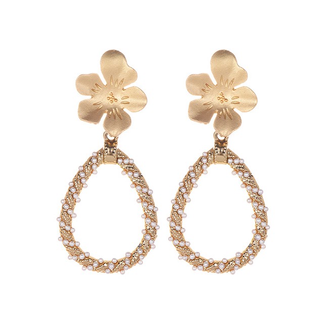 LRC Anting Tusuk Fashion Gold Alloy Pearl Flower Drop Earrings F33286