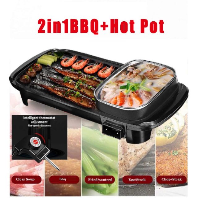 Rumah_kita2020 Elektrik 2 in 1 Teppanyaki Jumbo Panjang Pan Shabu 1246- Steamboat BBQ Grill Pan HOT POT BBQ 2 IN 1 BAKAR BAKSO Sate Sosis Rebus Goreng Bakar Panci Listrik Barbeque Steamboat Teppanyaki Panggangan