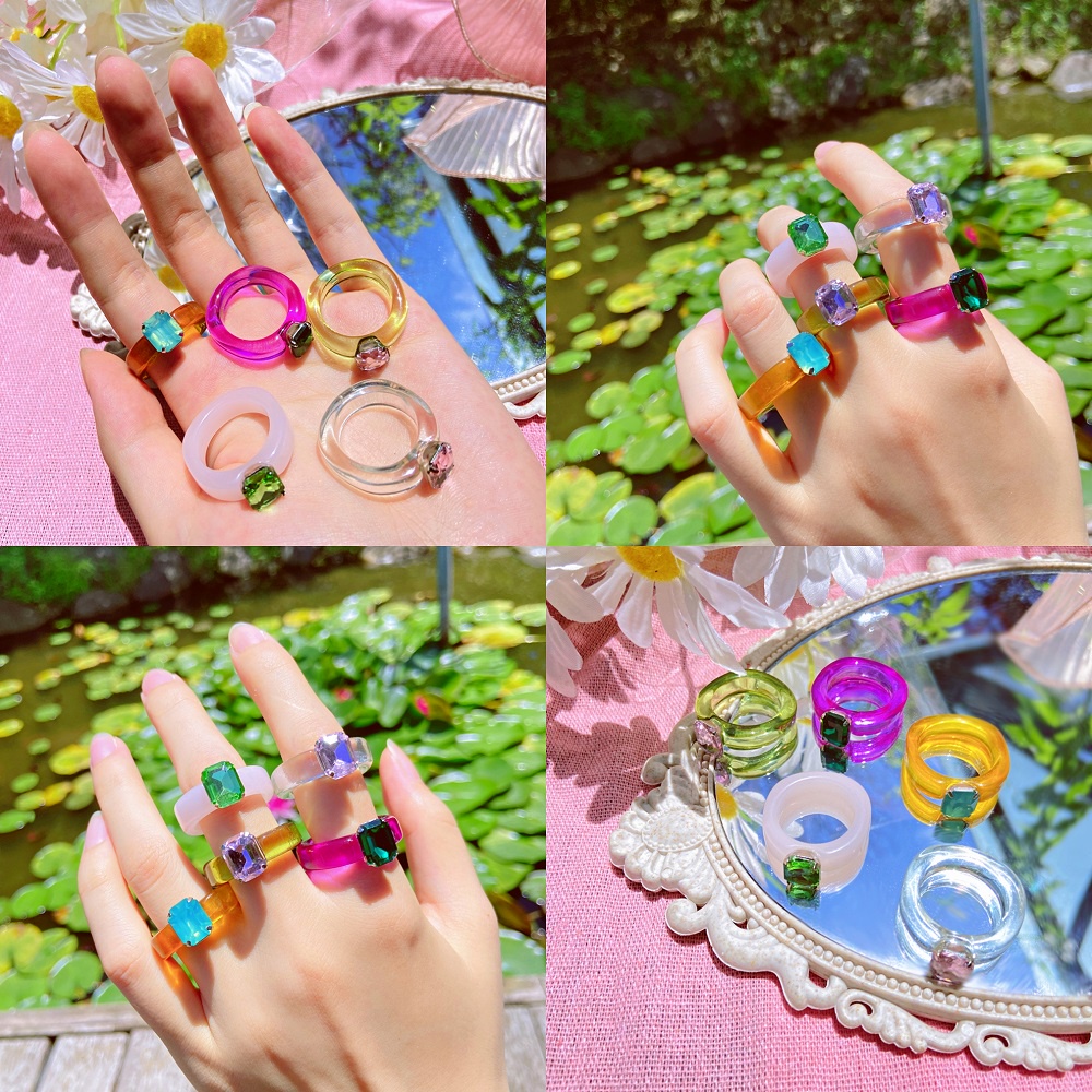 Cincin Berlian Resin Transparan Warna-Warni Permen Gaya Korea Untuk Wanita