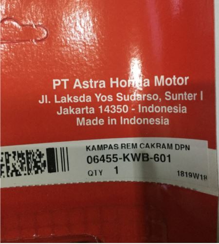 Kampas Rem Cakram Dpn (KWB) Blade / Revo Absolute AHM (Asli Honda)