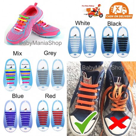 Tali Sepatu Silikon 16 pcs Premium / Shoelace Silicone Tali Sepatu Sepasang Karet Babymaniashop