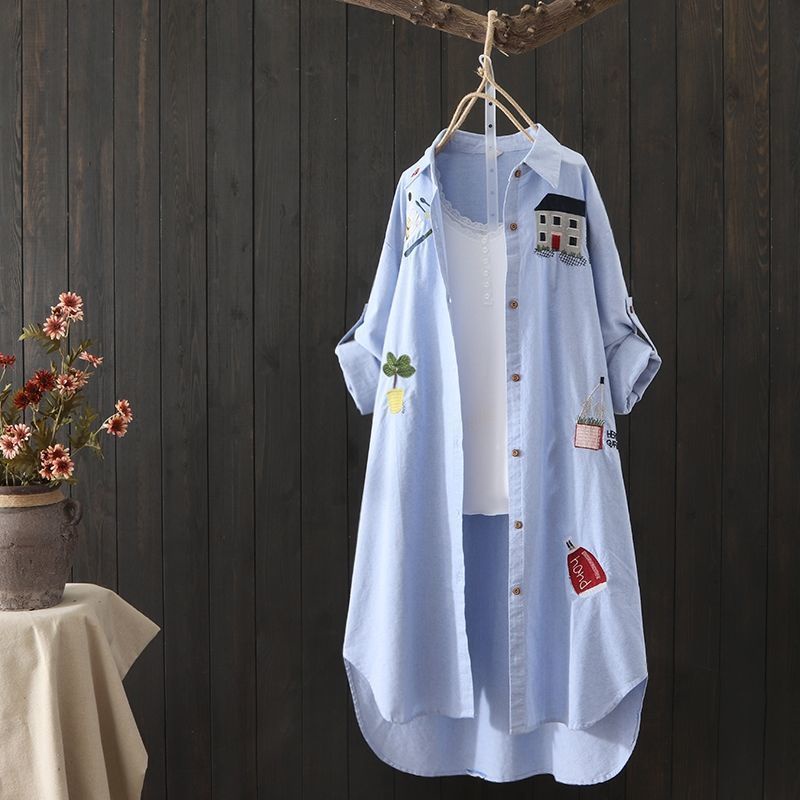 2021 summer cotton shirt Women's New loose mid-length top artistic women's embroidery shirt and sun-