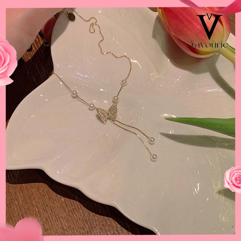 [COD]Kalung Mutiara Kupu-kupu Cahaya Mewah Niche High-end Desain Rasa Kalung Rantai Tulang Selangka-FA