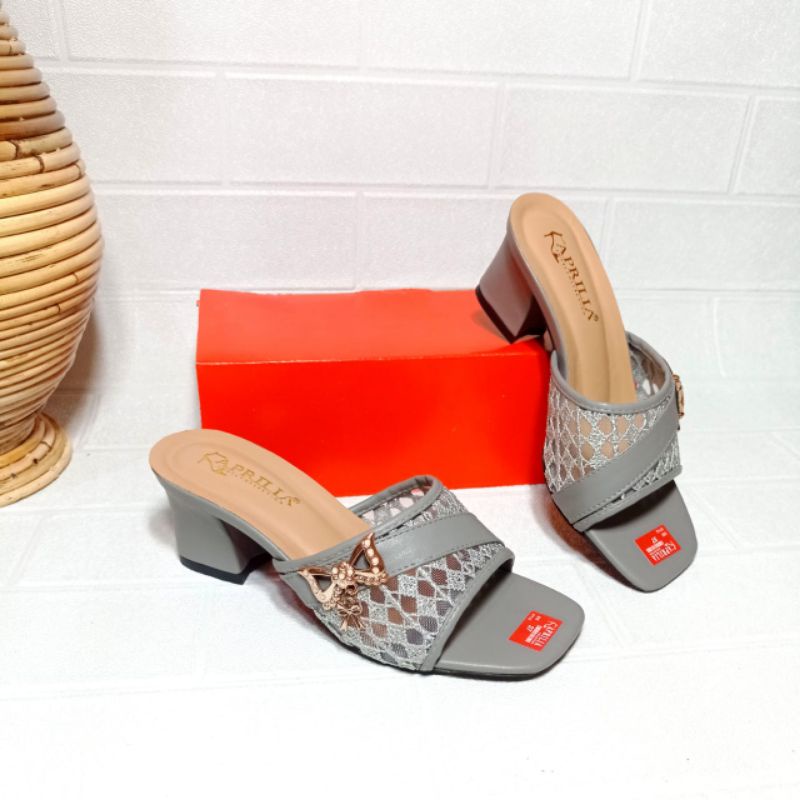 Aprilia sandal brukat wanita hak tahu 5cm/sandal slop slip on anti licin/sendal selop pesta wanita terbaru kekinian/heels brukat pesta